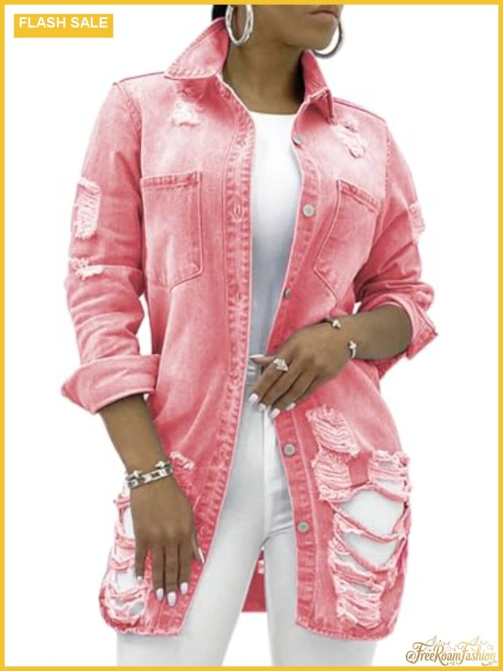 Long Denim Jacket Women Classic Trucker Ripped Coats